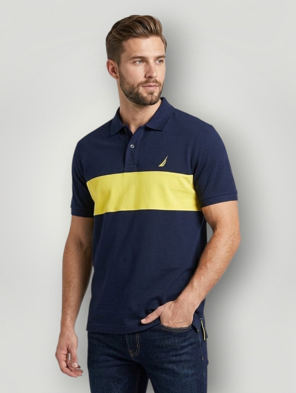 Nautica Men's XL Classic Fit Navy Yellow Color Block Polo Shirt Stretch Preppy
